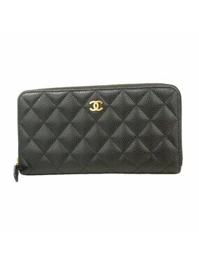 Chanel Wallet Quilted Caviar Leather Black Gold